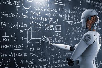 A robot analyzing mathematical formulas on a blackboard.