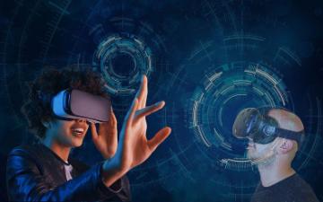 Two people wearing VR headsets, immersive virtual reality experience.