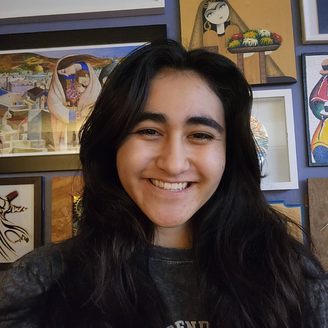 A student in front of a wall of paintings and pictures 