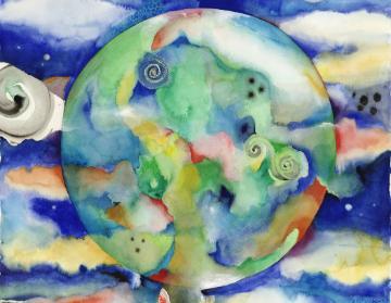 Watercolor painting of Earth surrounded by clouds and abstract shapes. image link to story