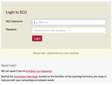 Alt text: SCU Sign-on login screen with fields for ID Number and Password.