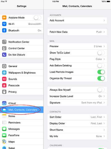 Screenshot of iPad Mail, Contacts, Calendars settings menu.