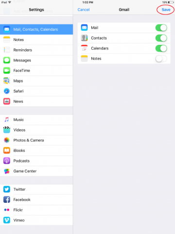 iPad settings screen showing iCloud sync options for Mail, Contacts, and Calendars