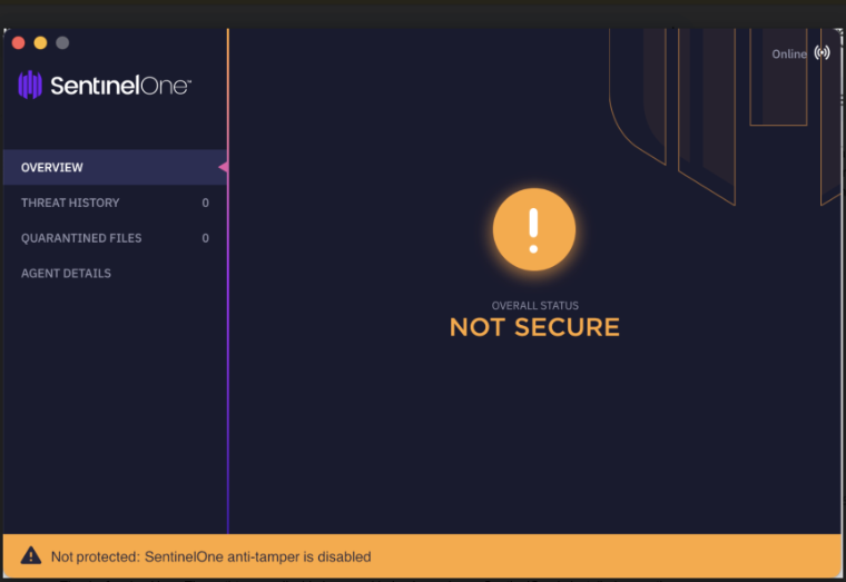 SentinelOne Tamper Protection is off screen, which is normal for SentinelOne installs on personal machines.