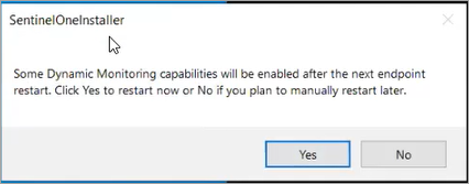 A notification from the SentinelOne agent running on Windows saying the agent is installed but a reboot is required in order to activate full protection.