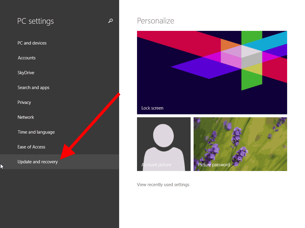 An image showing the Change PC Settings panel in Windows 8.1 with Update and recovery highlighted with a red arrow.