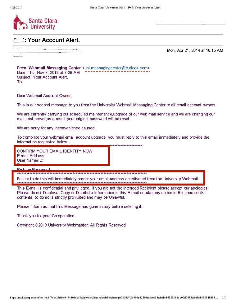 Alt text: Phishing email pretending to be from a university's tech support, requesting user credentials.