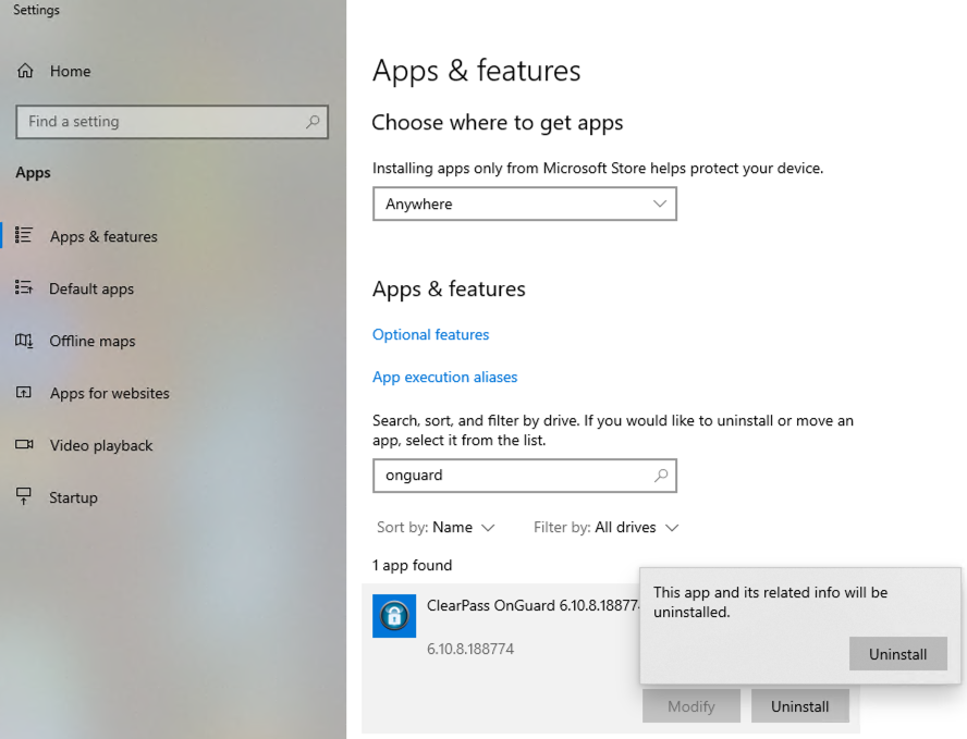 OnGuard Uninstall - Windows - Step 2 - Search for OnGuard and click Uninstall