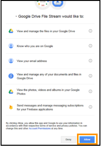 Google File Stream Allow Information Dialog Box