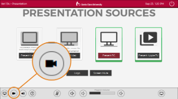 Alt text: Diagram showing presentation sources selection screen with options for laptop and PC inputs.