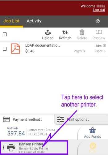 Alt text: Screenshot showing a print job queue with a purple arrow pointing to 