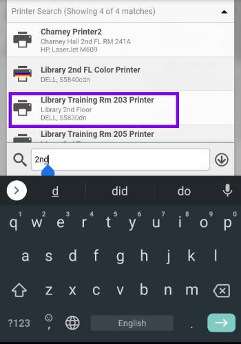 Mobile screenshot displaying printer selection with 