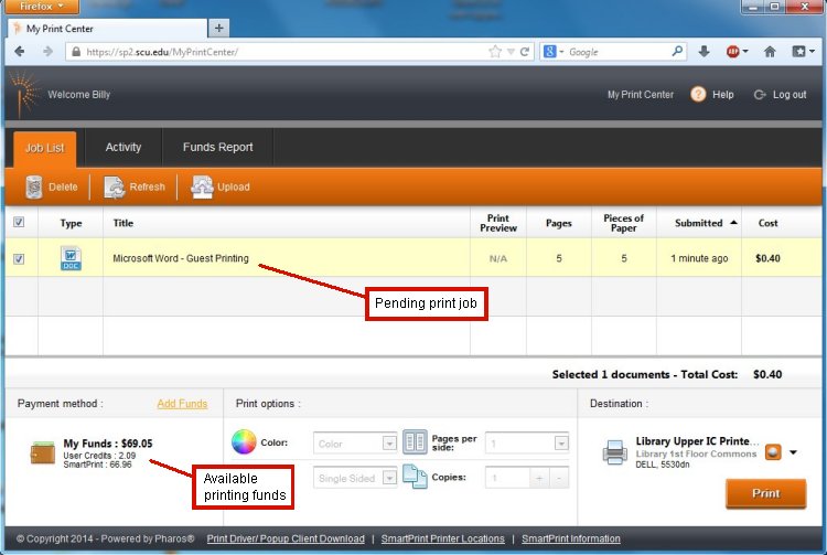 Alt text: Screenshot of Print Center interface with dashboard, progress bar, and options for managing print jobs.