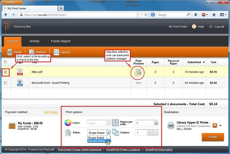 Screenshot of a print center interface showing single-sided printing options.