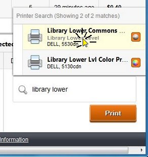 Search window showing available printers with options to print or cancel.