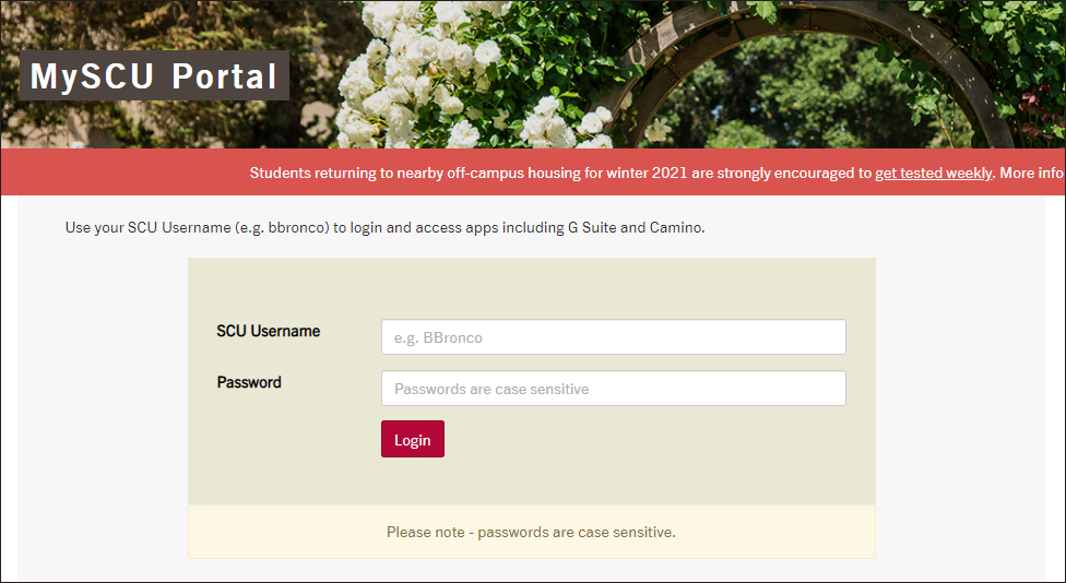 Alt text: SCU Portal login page with fields for user ID and password.