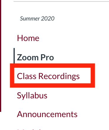 Class Recordings tab in Camino