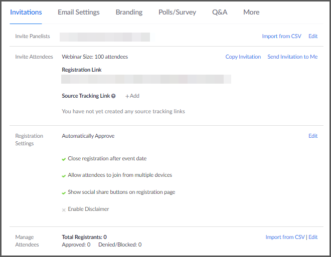 Alt text: Webinar customization settings with options for scheduling, branding, email automation, and registration settings.