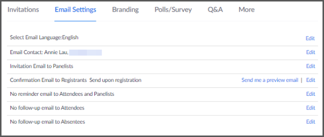 A webinar customization settings screen with various customization options listed.