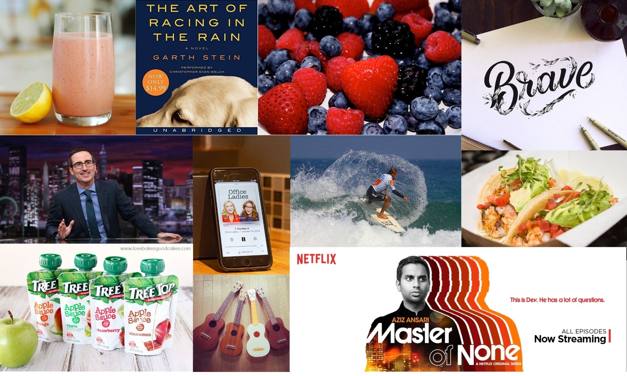 Collage of summer recommendations including drinks, music, books, fruits, and food items.