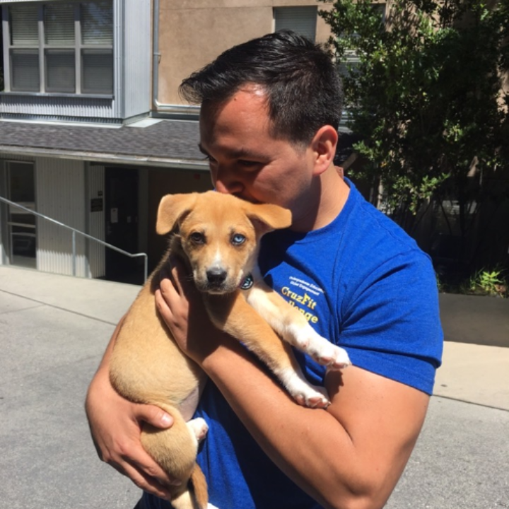 A person in a blue shirt holding a puppy outdoors.