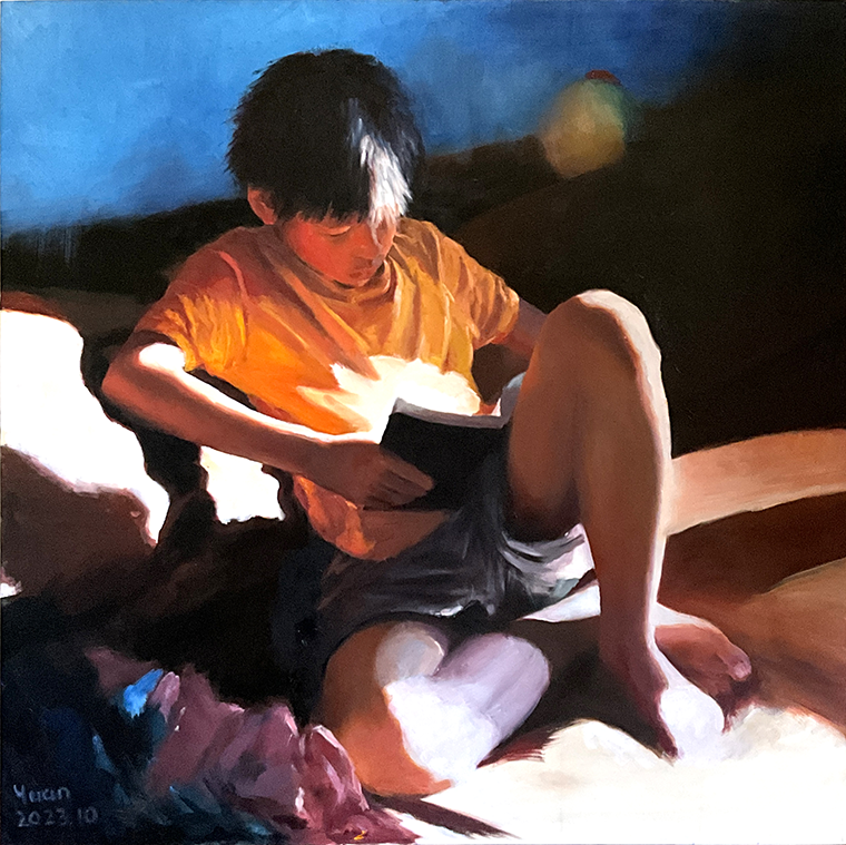 An oil painting of a young boy in a yellow shirt sitting on a couch in a blue room, with a book in his lap. A beam of bright light shines on the boy, and seemingly emanates from the book itself.