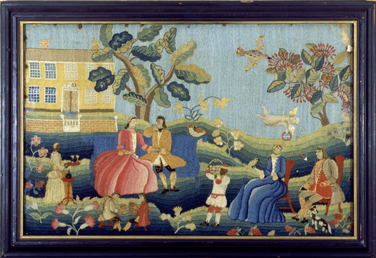 A colonial-era embroidery of two white couples being served by two people of color.