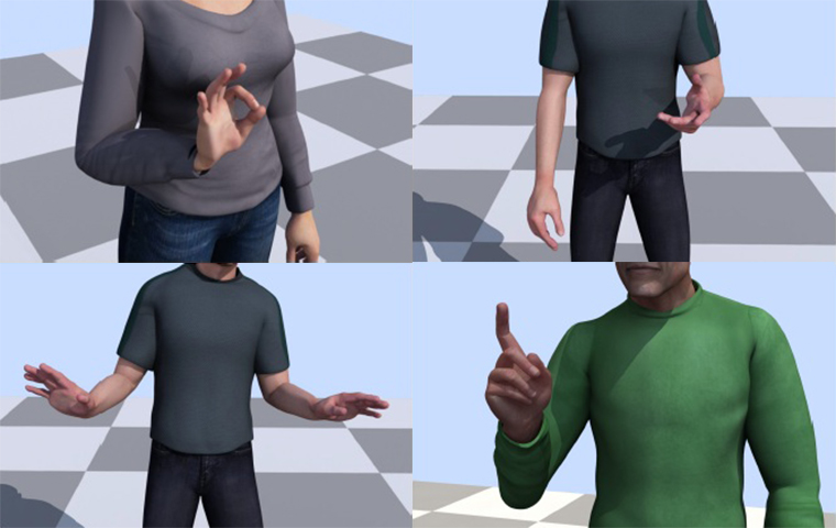 Computer animation of people showing different hand gestures.