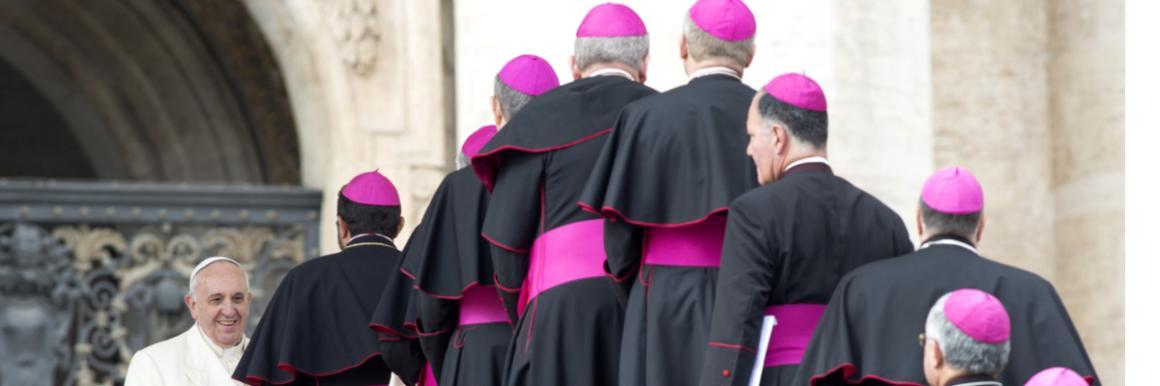 A group of clerics in black robes with purple sashes.