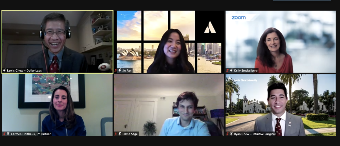 A virtual panel discussion with six participants in separate video call windows.