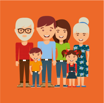 Illustration of a family with grandparents, parents, and two children on an orange background.