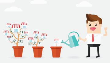 Cartoon man watering plants growing into a bar graph.