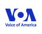 Logo for Voice of America with blue text.