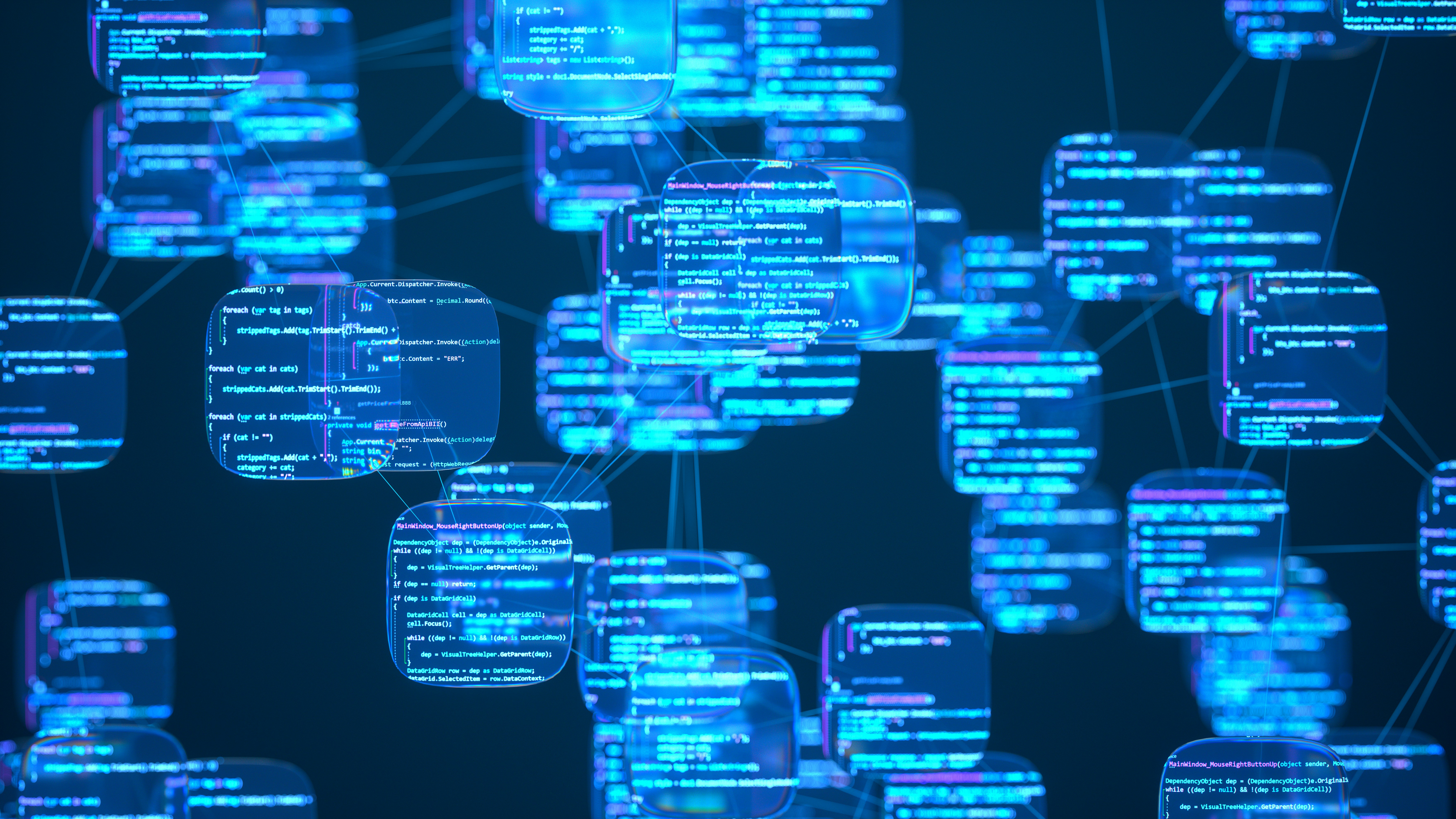 A network of intelligent nodes representing autonomous AI agents processing and writing programming code. Illustrates concepts like AI-assisted development, machine learning models, and generative AI tools. image link to article