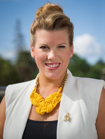 A person wearing a yellow necklace, white vest, and black top, outdoors.