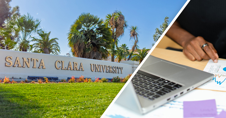 View of campus with man looking at charts