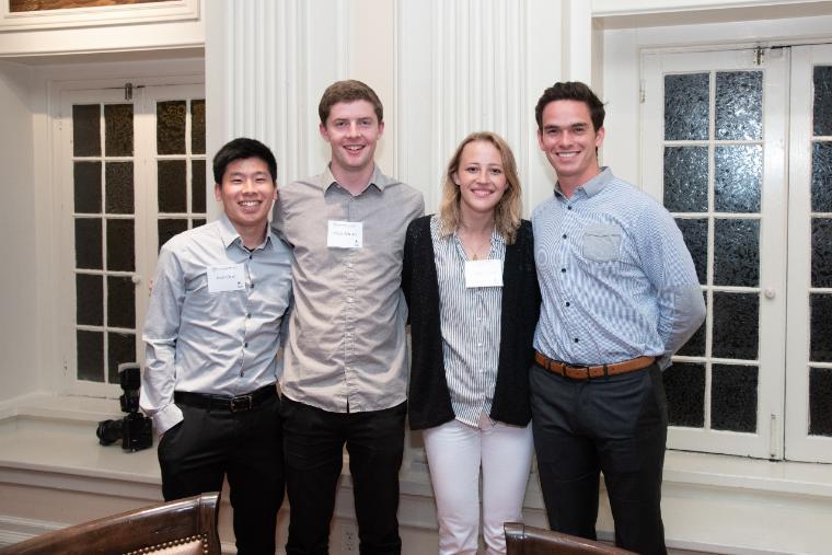 Four students posing together at a dinner event in 2018. - Juniors at the 2018 Leavey Scholars Dinner Link to file