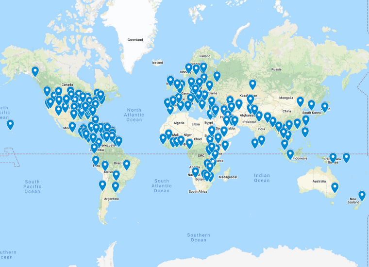 Global Map Showing MOBI Students by Country and US State