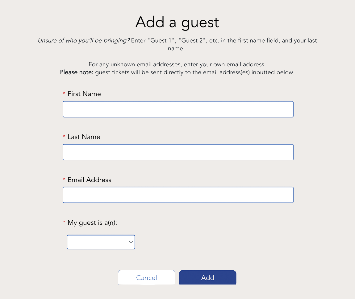 An image of an online form showing fields, including first name, last name, email address, and how the guest is related to the graduate (or whether the guest is the graduate themselves!) 