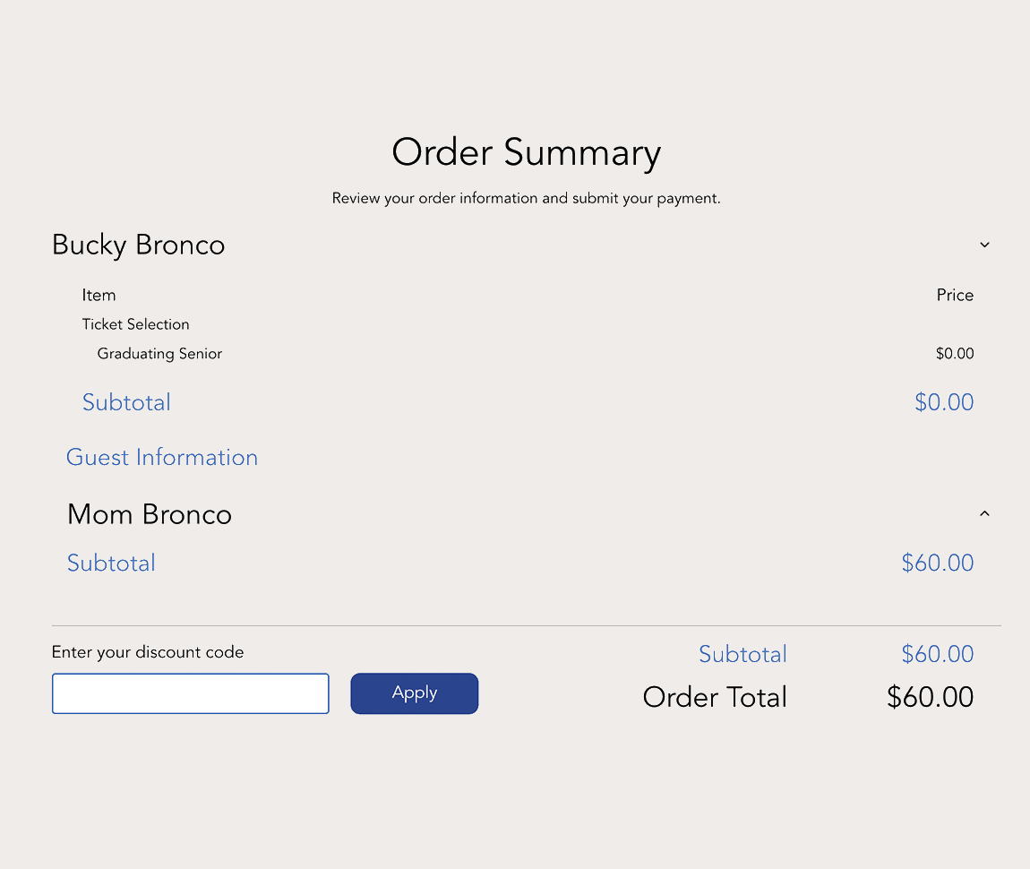 An image of an online order summary, showing the primary guest's name, subtotal, additional guests, and a field for a promotional code, and the final order total 