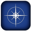 White compass rose on a blue background.