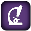 Alt text: White microscope icon on a purple background.