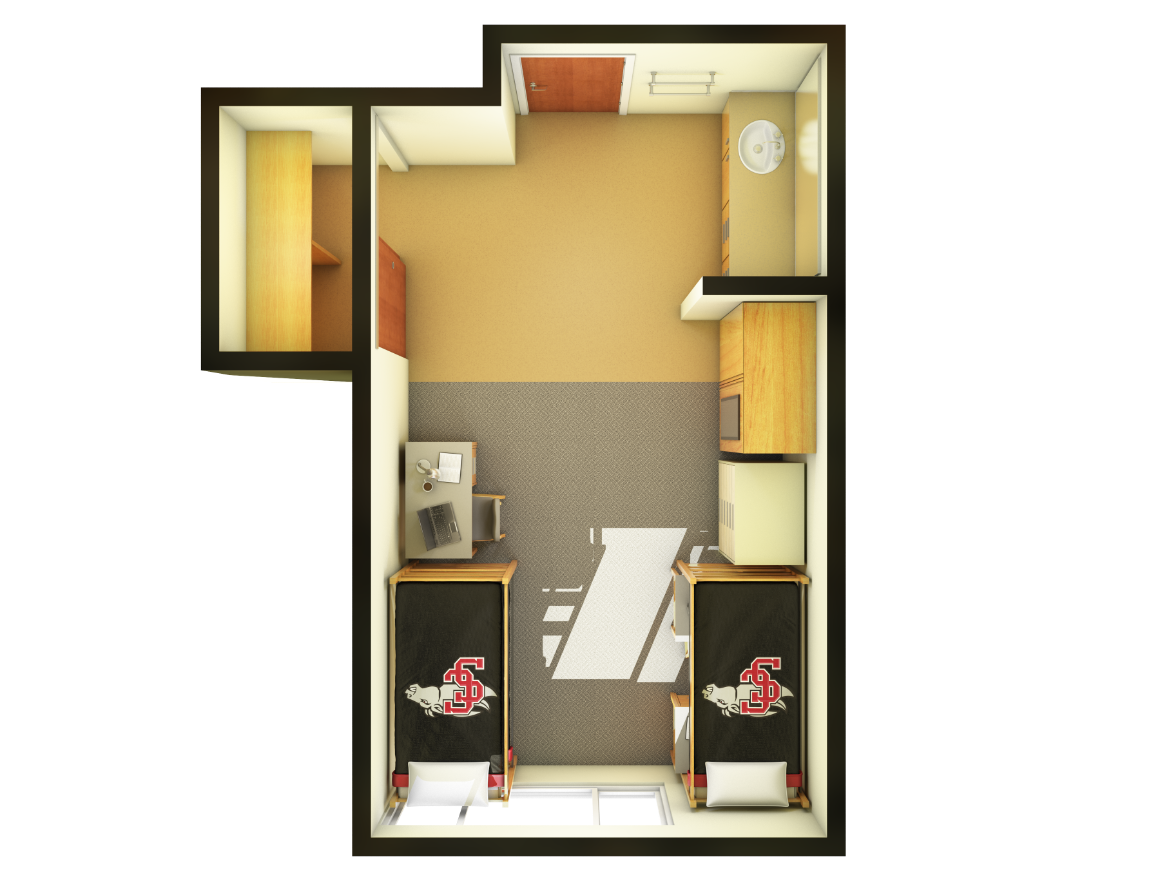 Alt text: Floor plan of Dunne Hall's extended triple dorm room with three beds.