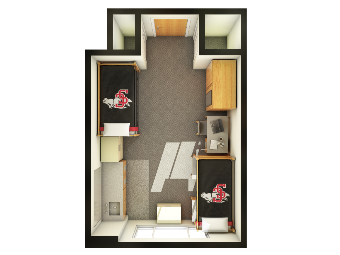 Floor plan of a triple dorm room with beds, desks, and storage areas.