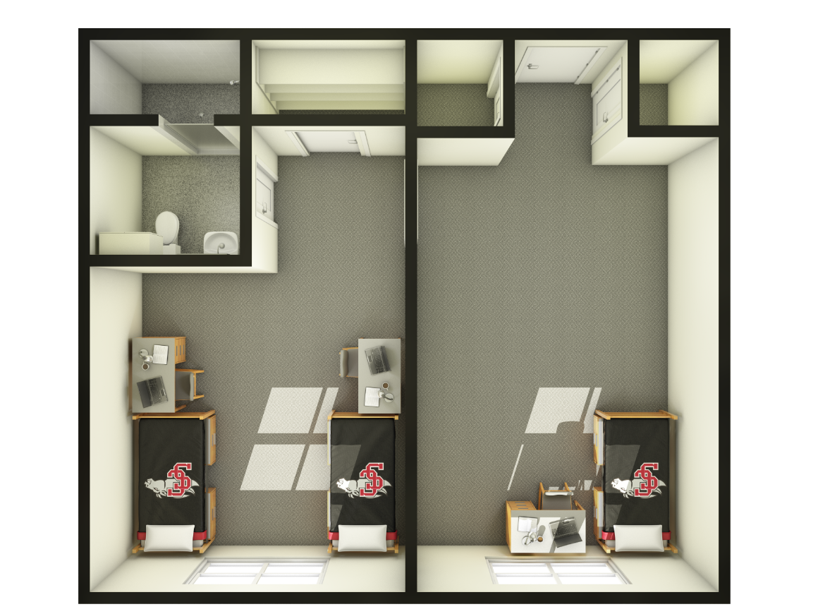 Floor plan of McLaughlin-Walsh Suite Triple dorm room layout.