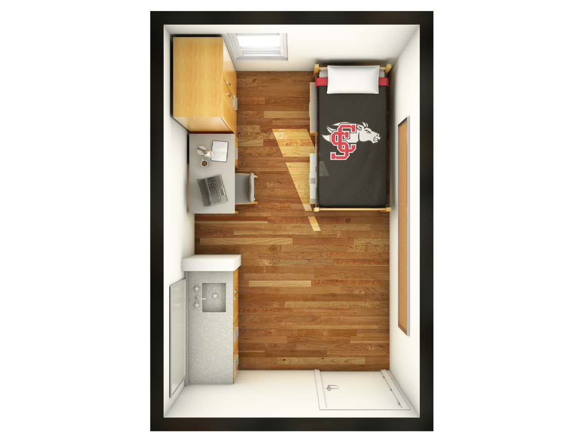 Top-down view of a single dorm room with bed, desk, closet, and kitchen area.