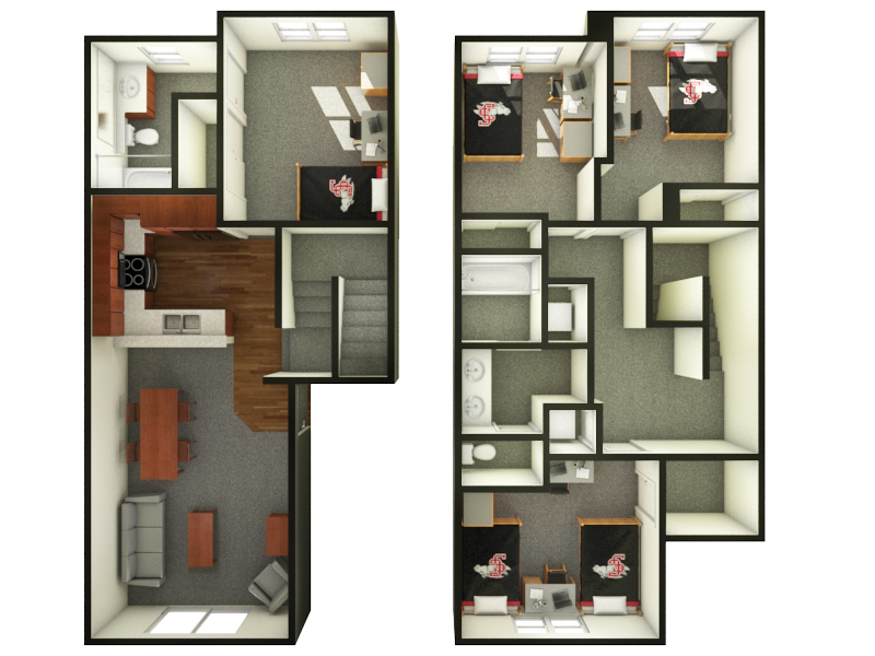 Floor plan of a two-story, four-bedroom University Villa.