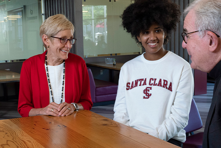 SCU President Julie Sullivan speaks with students