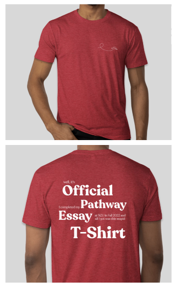 Alt text: Red T-shirt reading 