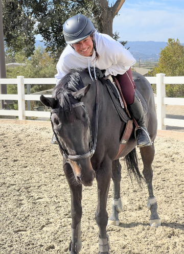 A person riding a horse in an outdoor arena.